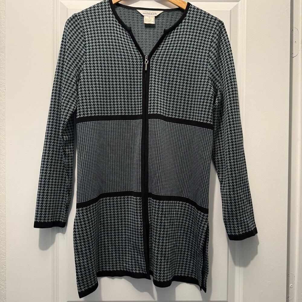 Misook Houndstooth Cardigan Full Zip Long Sleeve Size Small Gray and Black